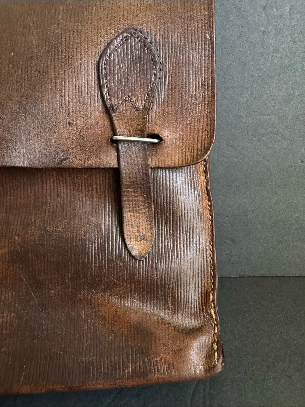 Vintage 1940s Briefcase French Attaché Case Dark Brown Ribbed Distressed Leather
